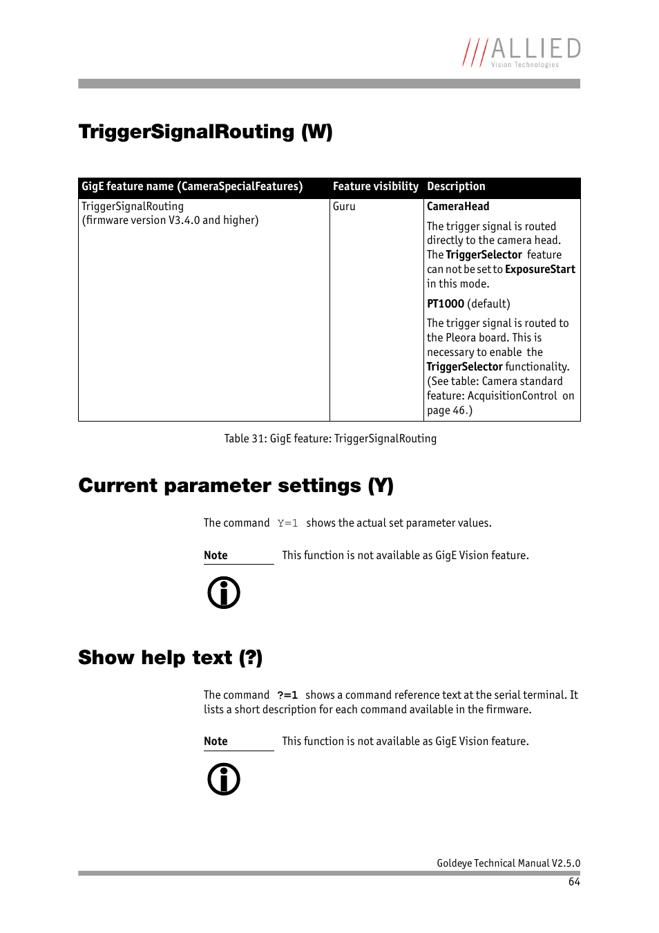 Triggersignalrouting (w), Current parameter settings (y), Show help text (?) | Ion see chapter | ALLIED Vision Technologies Goldeye P-032 SWIR User Manual | Page 64 / 102