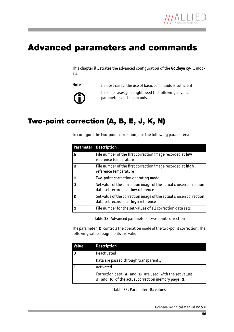 Advanced parameters and commands, Two-point correction (a, b, e, j, k, n), Chapter | E current parameters see chap- ter, E chapter, Advanced parameters and, Commands | ALLIED Vision Technologies Goldeye P-032 SWIR User Manual | Page 66 / 102