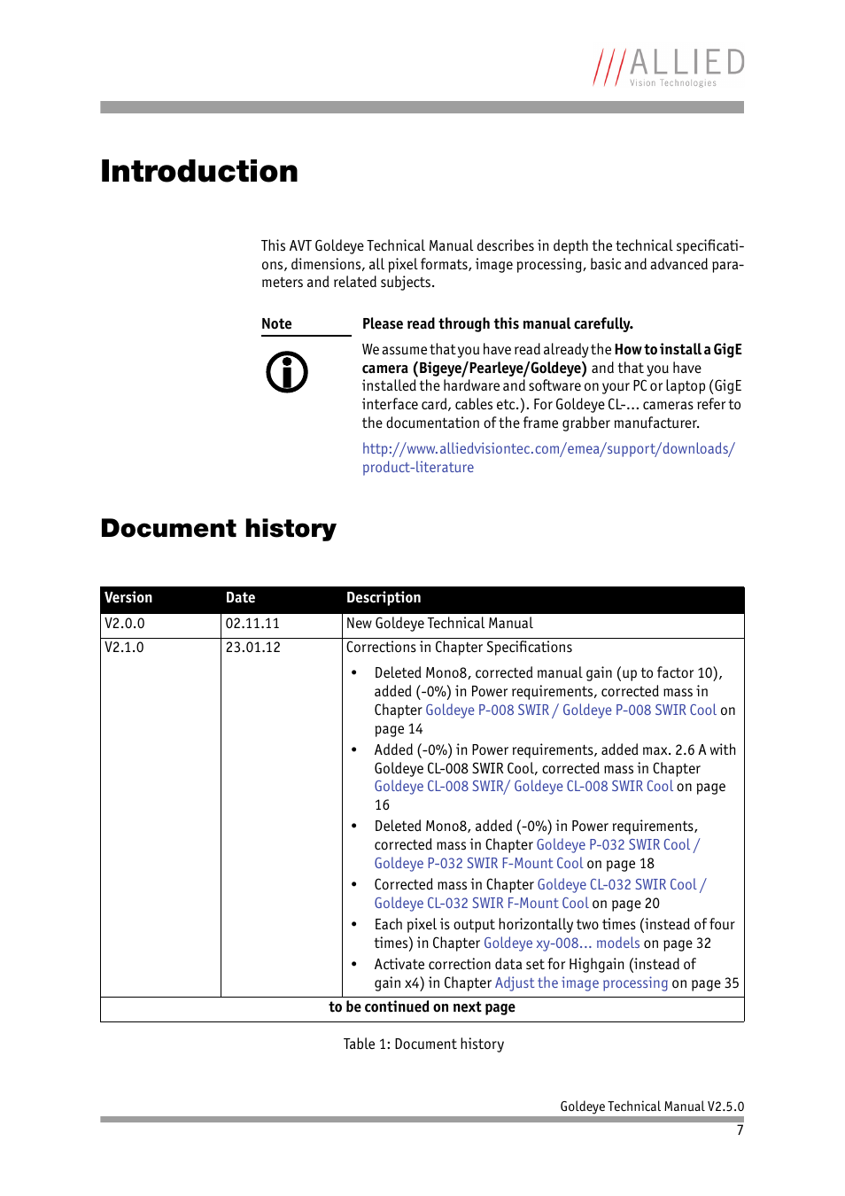 Introduction, Document history | ALLIED Vision Technologies Goldeye P-032 SWIR User Manual | Page 7 / 102