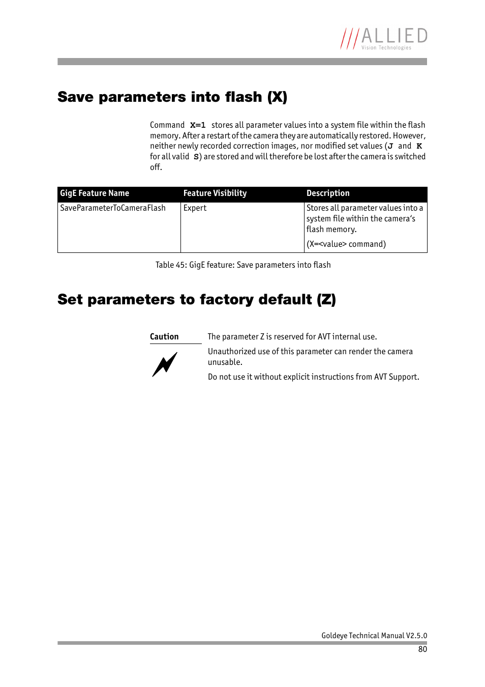 Save parameters into flash (x), Set parameters to factory default (z), Chapter | Save, Parameters into flash (x) | ALLIED Vision Technologies Goldeye P-032 SWIR User Manual | Page 80 / 102