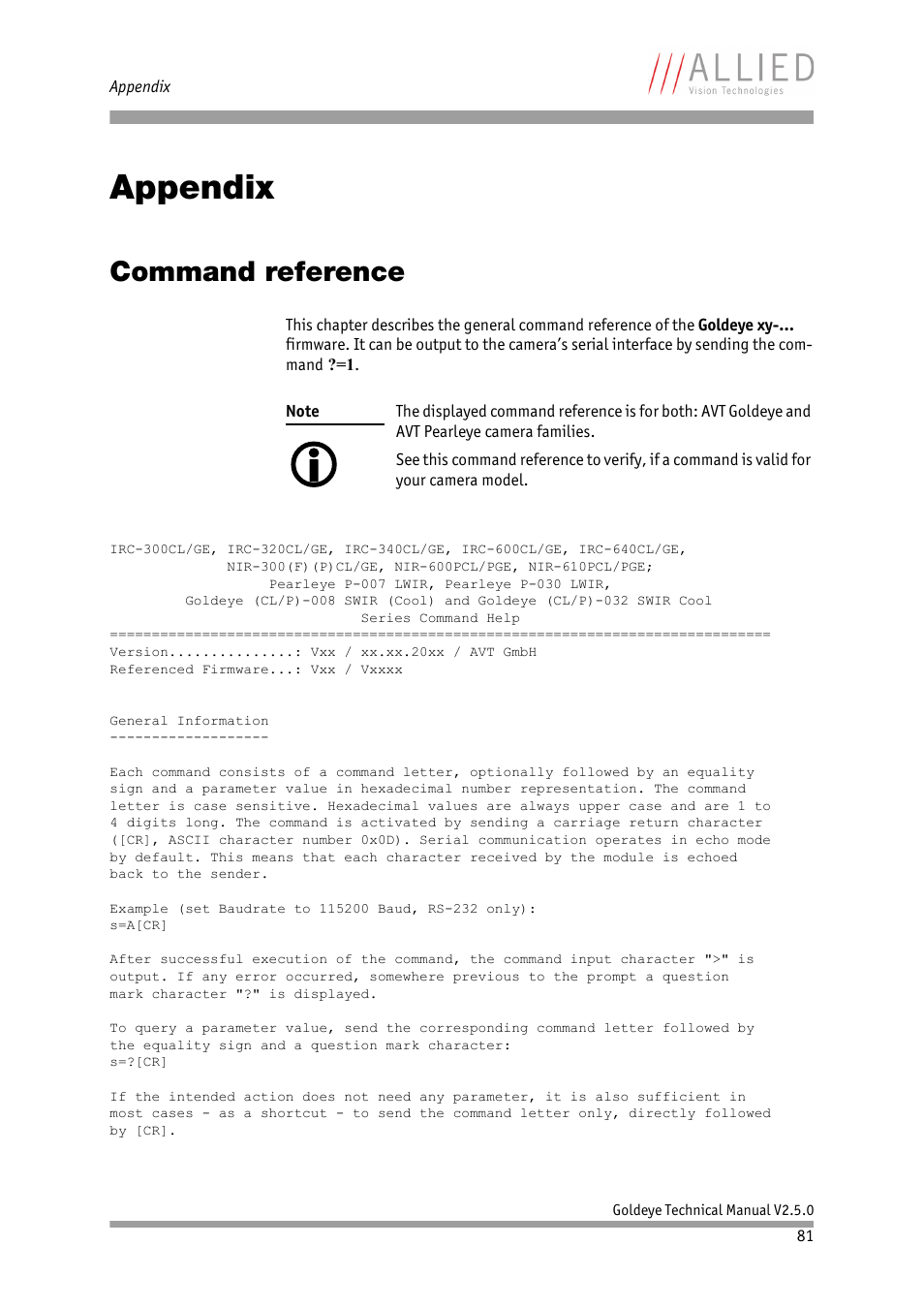 Appendix, Command reference, He appendix: chapter | Chapter | ALLIED Vision Technologies Goldeye P-032 SWIR User Manual | Page 81 / 102