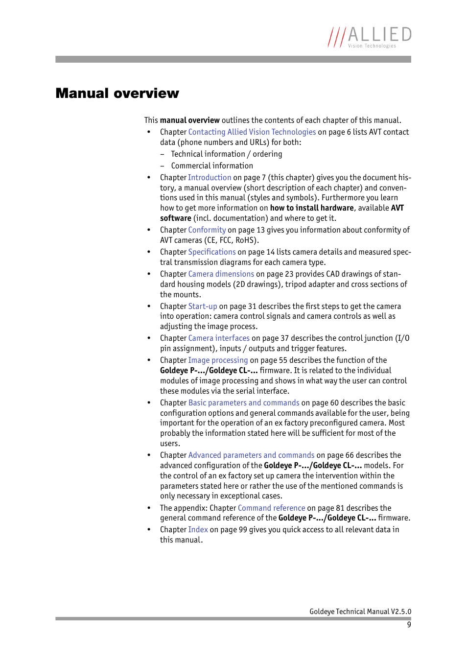 Manual overview | ALLIED Vision Technologies Goldeye P-032 SWIR User Manual | Page 9 / 102