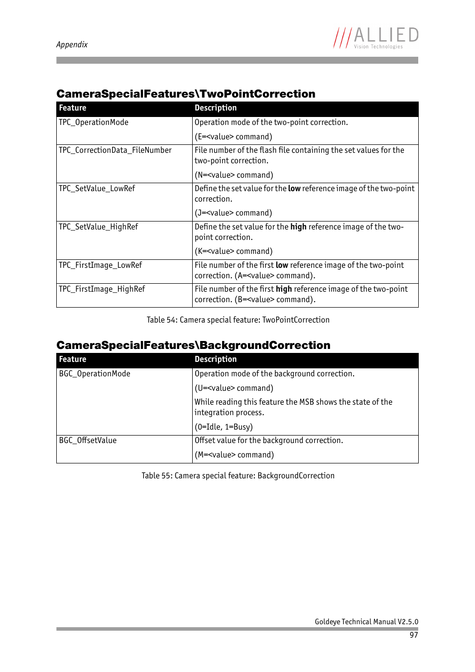 Cameraspecialfeatures\twopointcorrection, Cameraspecialfeatures\backgroundcorrection | ALLIED Vision Technologies Goldeye P-032 SWIR User Manual | Page 97 / 102