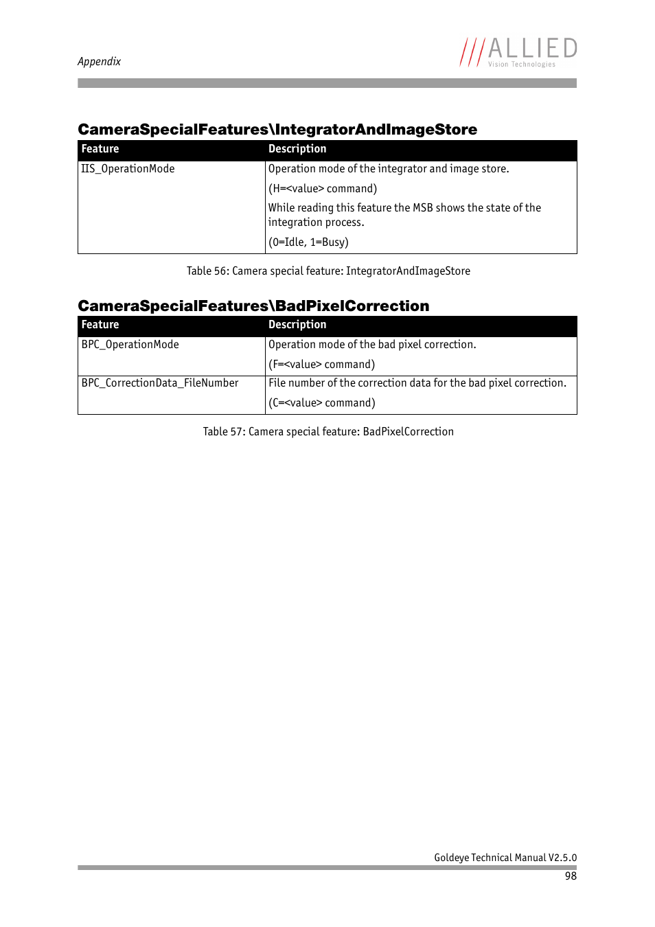 Cameraspecialfeatures\integratorandimagestore, Cameraspecialfeatures\badpixelcorrection | ALLIED Vision Technologies Goldeye P-032 SWIR User Manual | Page 98 / 102