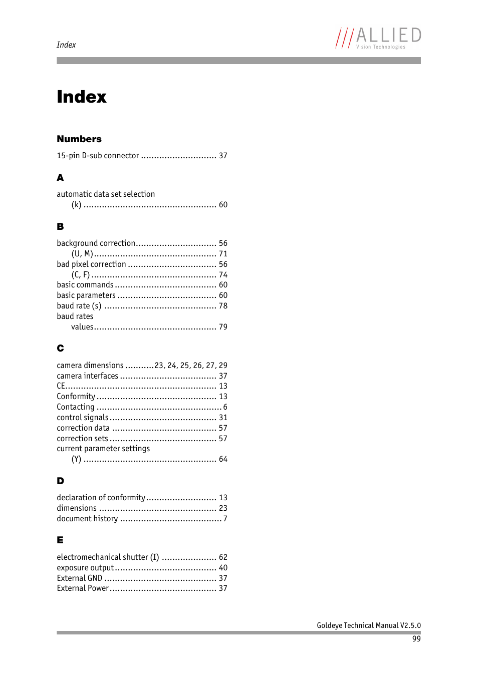 Index, Chapter | ALLIED Vision Technologies Goldeye P-032 SWIR User Manual | Page 99 / 102