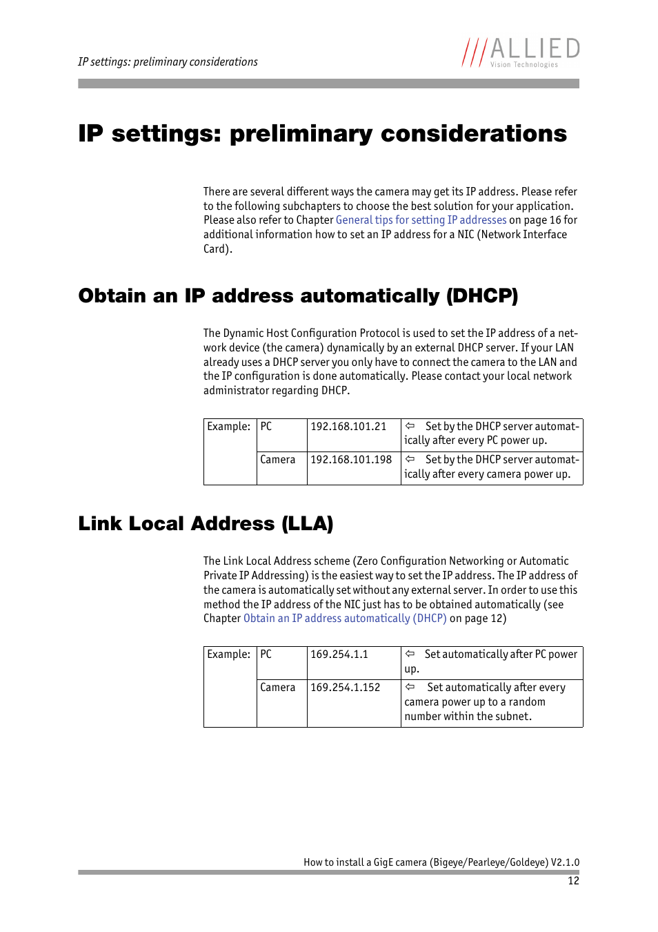 Ip settings: preliminary considerations, Obtain an ip address automatically (dhcp), Link local address (lla) | ALLIED Vision Technologies Goldeye P-032 SWIR User Manual | Page 12 / 50