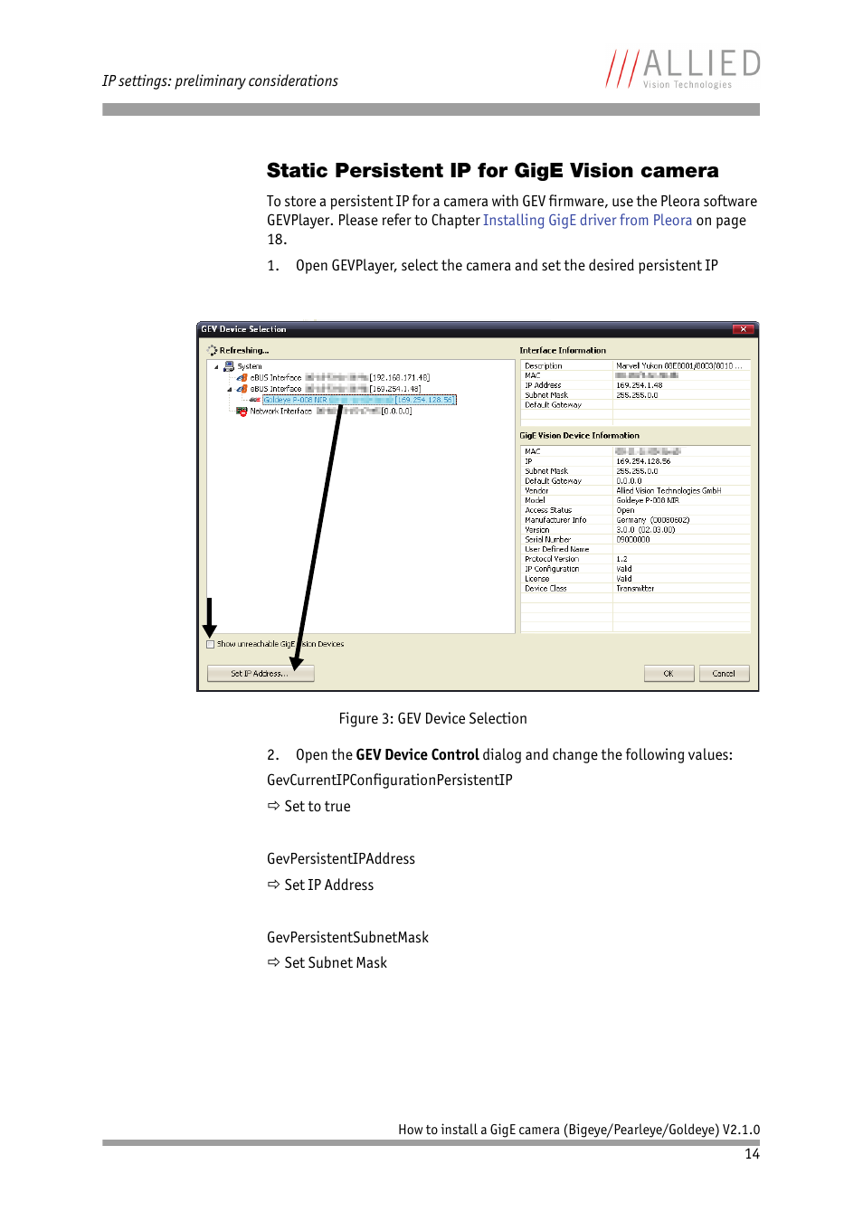 Static persistent ip for gige vision camera | ALLIED Vision Technologies Goldeye P-032 SWIR User Manual | Page 14 / 50