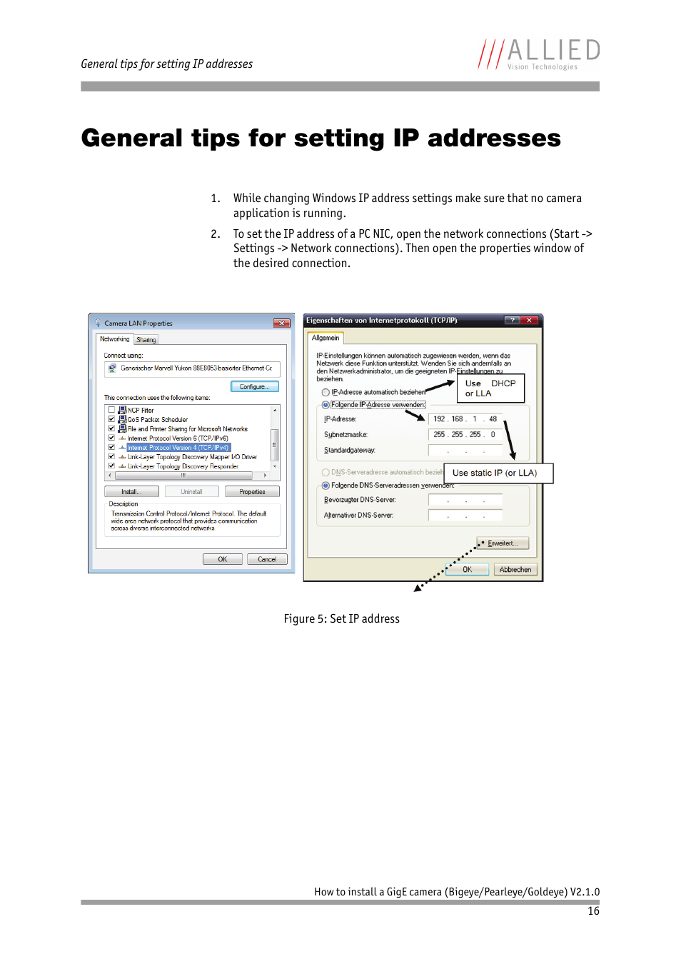 General tips for setting ip addresses, Refer to chapter | ALLIED Vision Technologies Goldeye P-032 SWIR User Manual | Page 16 / 50