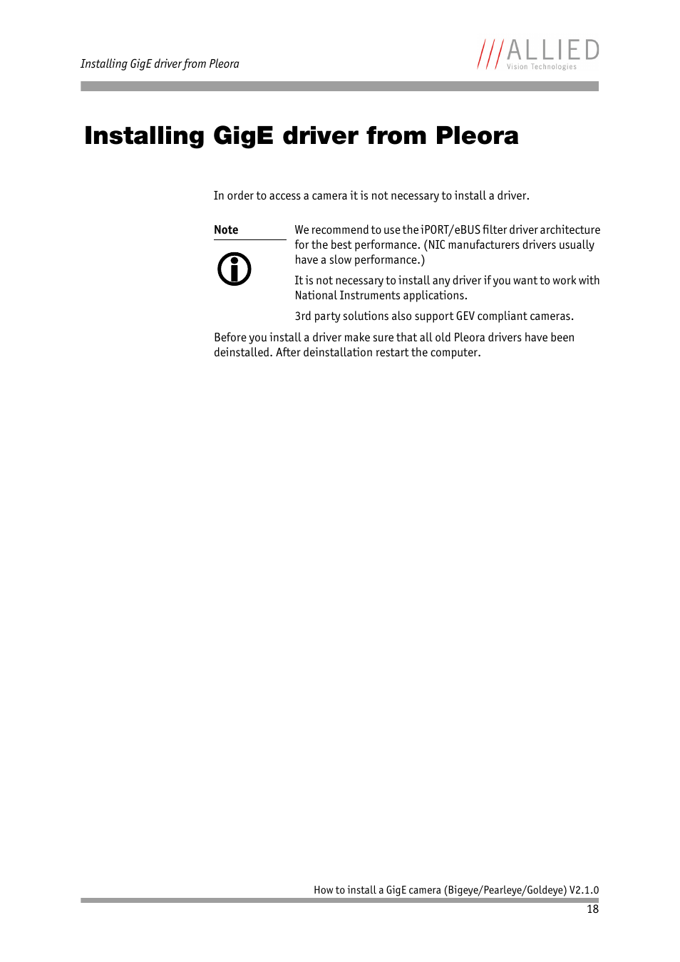 Installing gige driver from pleora, Chapter, Refer to chapter | ALLIED Vision Technologies Goldeye P-032 SWIR User Manual | Page 18 / 50