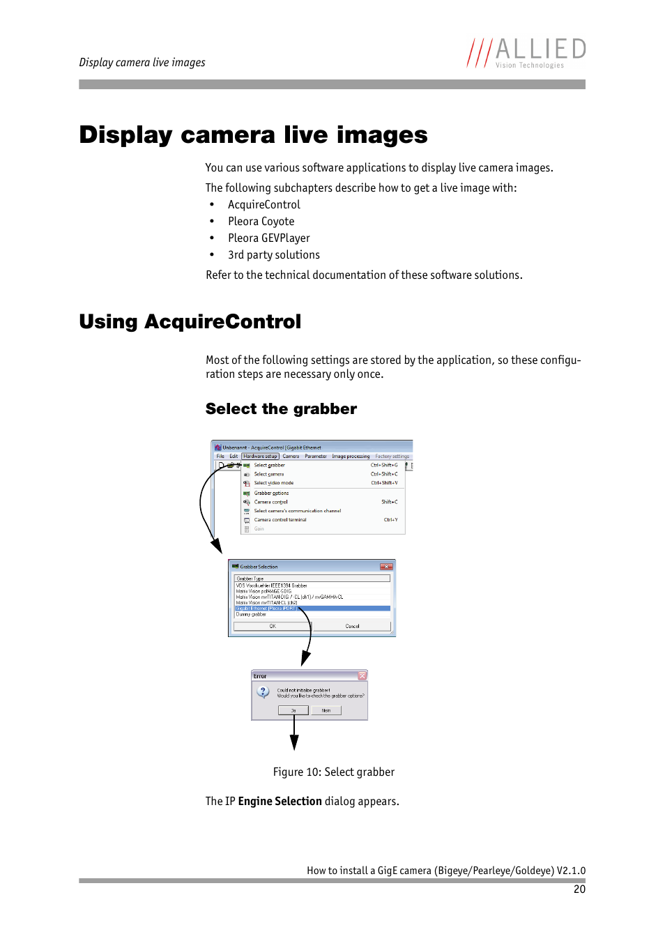 Display camera live images, Using acquirecontrol, Select the grabber | Chapter | ALLIED Vision Technologies Goldeye P-032 SWIR User Manual | Page 20 / 50