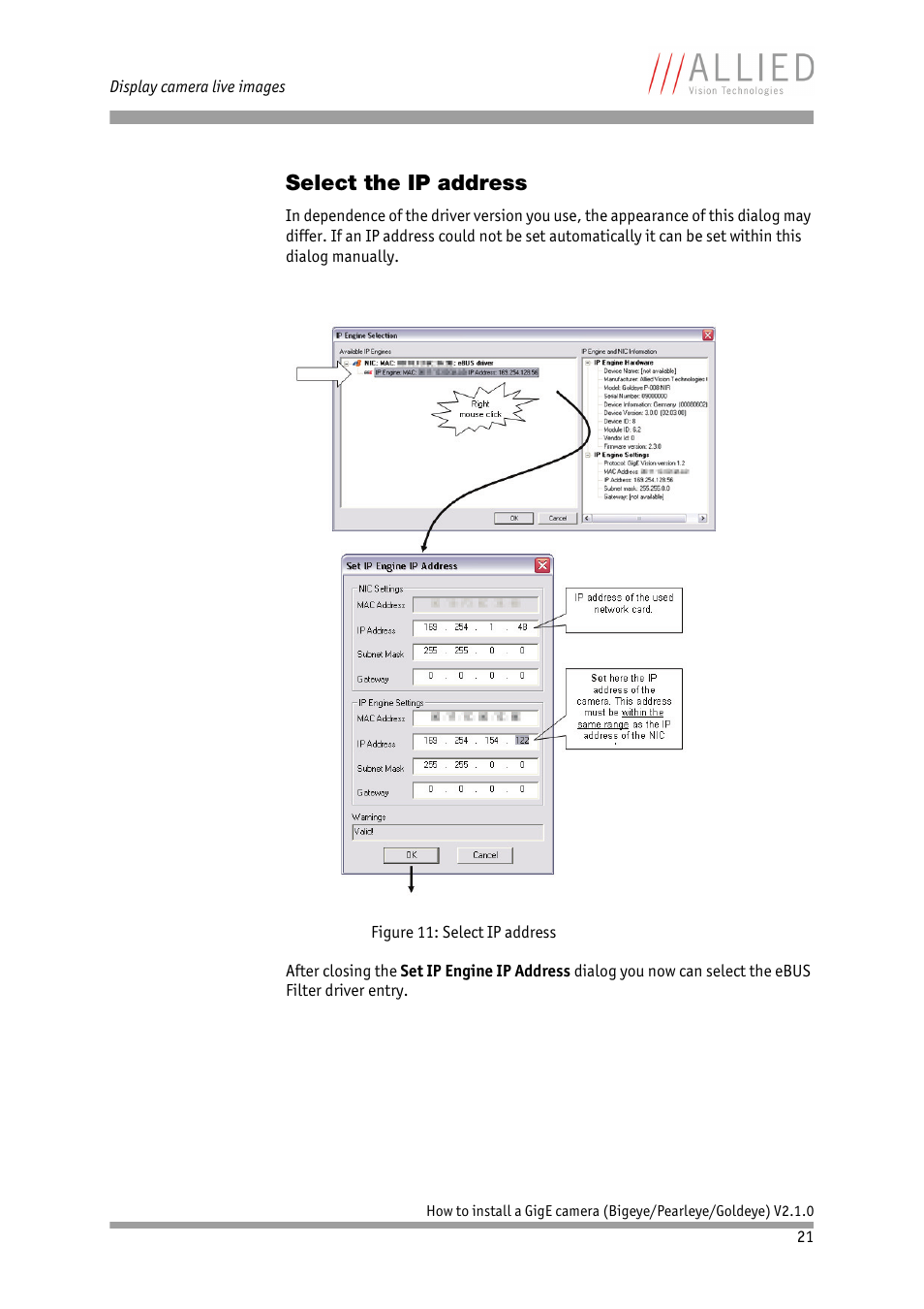 Select the ip address | ALLIED Vision Technologies Goldeye P-032 SWIR User Manual | Page 21 / 50