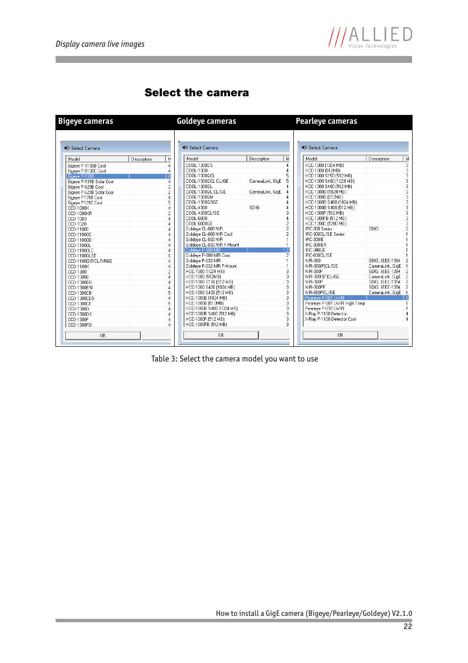 Select the camera | ALLIED Vision Technologies Goldeye P-032 SWIR User Manual | Page 22 / 50