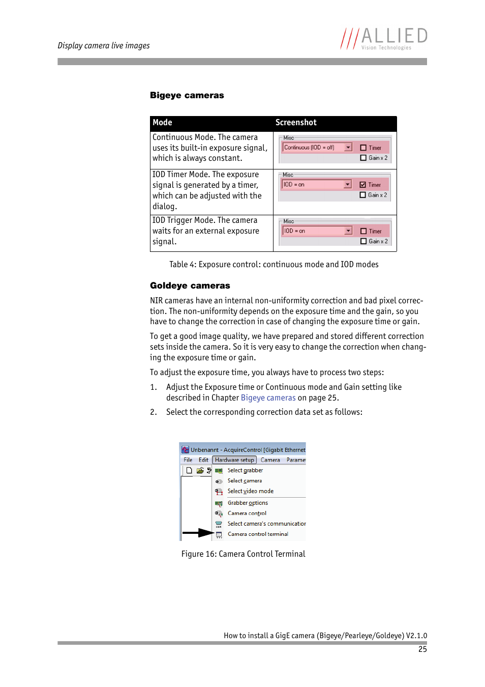 Bigeye cameras, Goldeye cameras | ALLIED Vision Technologies Goldeye P-032 SWIR User Manual | Page 25 / 50