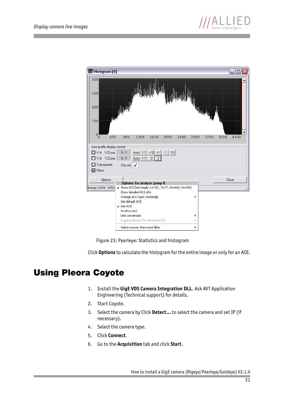 Using pleora coyote | ALLIED Vision Technologies Goldeye P-032 SWIR User Manual | Page 31 / 50