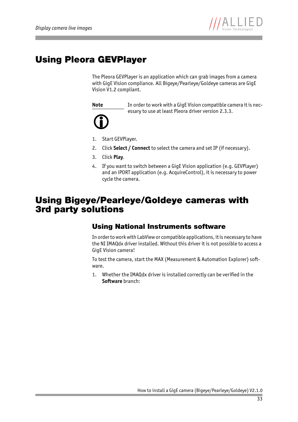 Using pleora gevplayer, Using national instruments software | ALLIED Vision Technologies Goldeye P-032 SWIR User Manual | Page 33 / 50