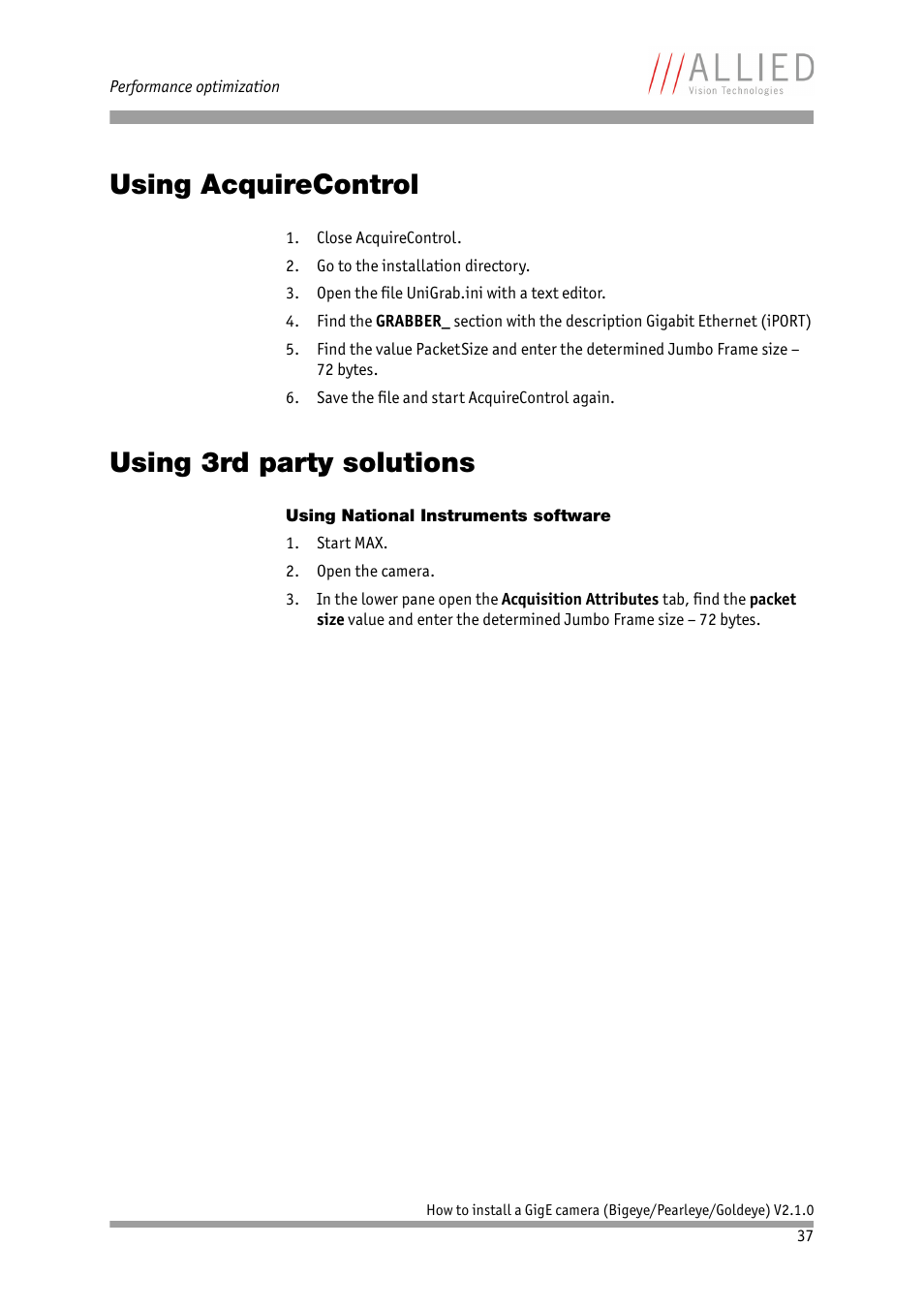 Using acquirecontrol, Using 3rd party solutions, Using national instruments software | Using acquirecontrol using 3rd party solutions | ALLIED Vision Technologies Goldeye P-032 SWIR User Manual | Page 37 / 50