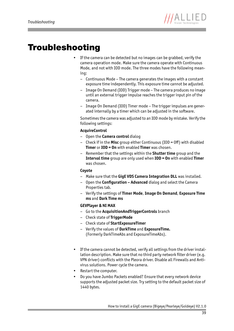 Troubleshooting, Chapter | ALLIED Vision Technologies Goldeye P-032 SWIR User Manual | Page 39 / 50