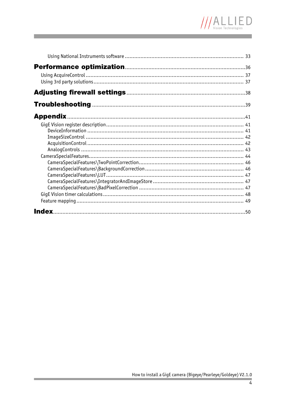 Performance optimization, Adjusting firewall settings, Troubleshooting | Appendix, Index | ALLIED Vision Technologies Goldeye P-032 SWIR User Manual | Page 4 / 50