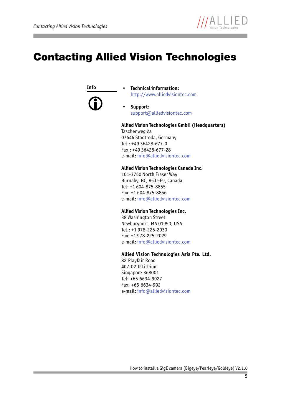 Contacting allied vision technologies | ALLIED Vision Technologies Goldeye P-032 SWIR User Manual | Page 5 / 50