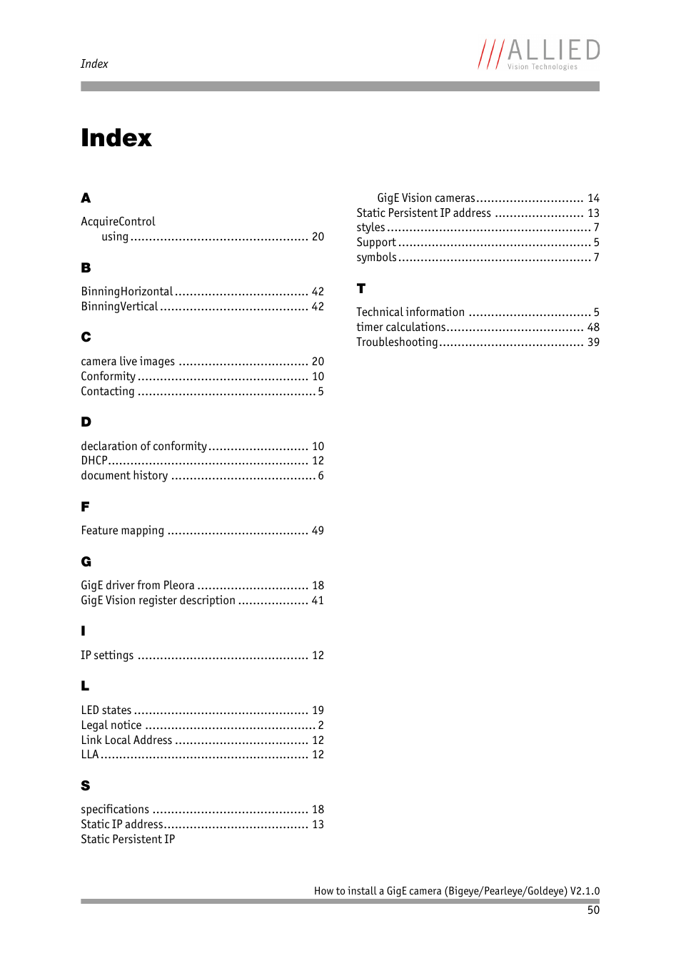 Index, Chapter | ALLIED Vision Technologies Goldeye P-032 SWIR User Manual | Page 50 / 50