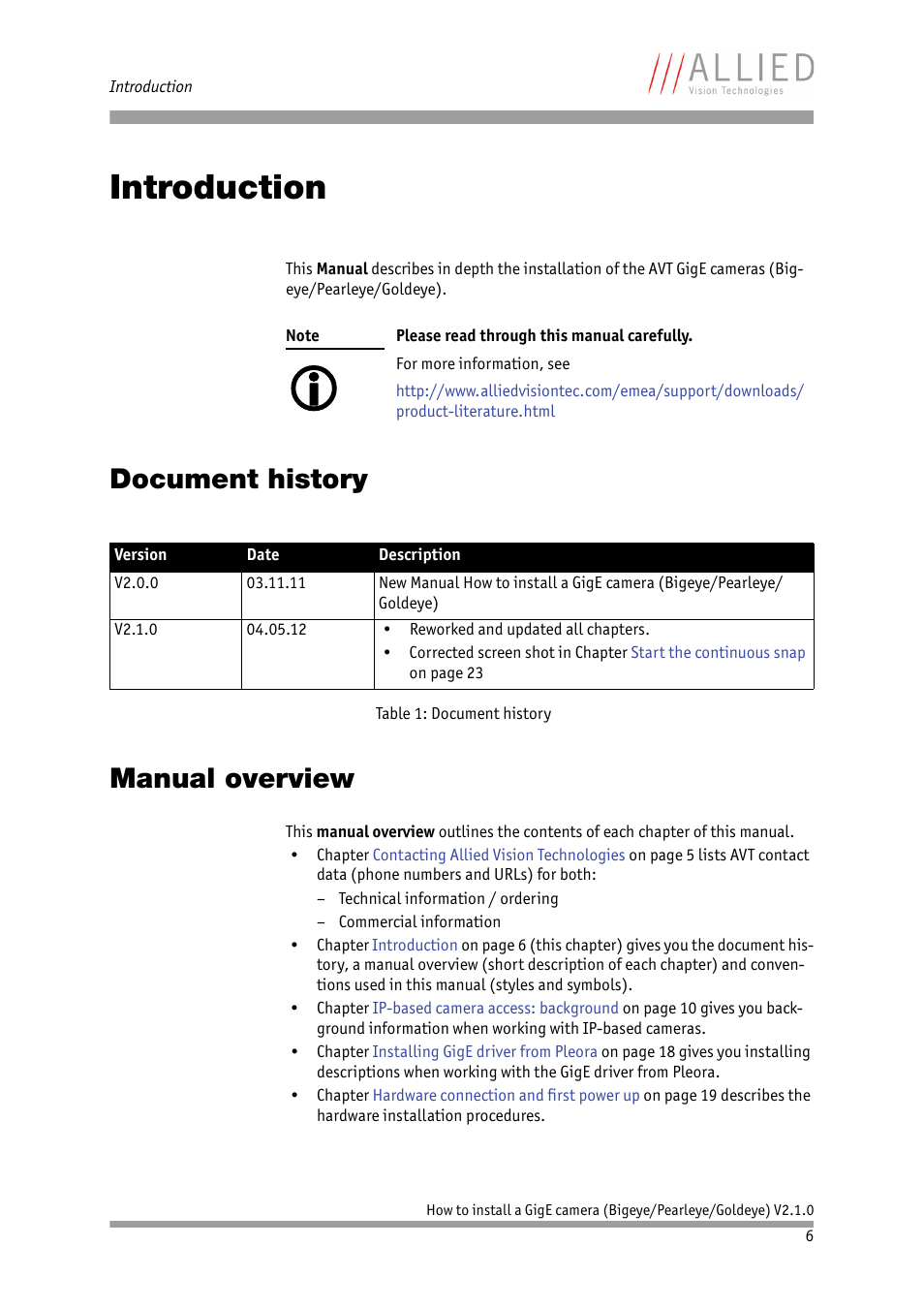 Introduction, Document history, Manual overview | Document history manual overview | ALLIED Vision Technologies Goldeye P-032 SWIR User Manual | Page 6 / 50