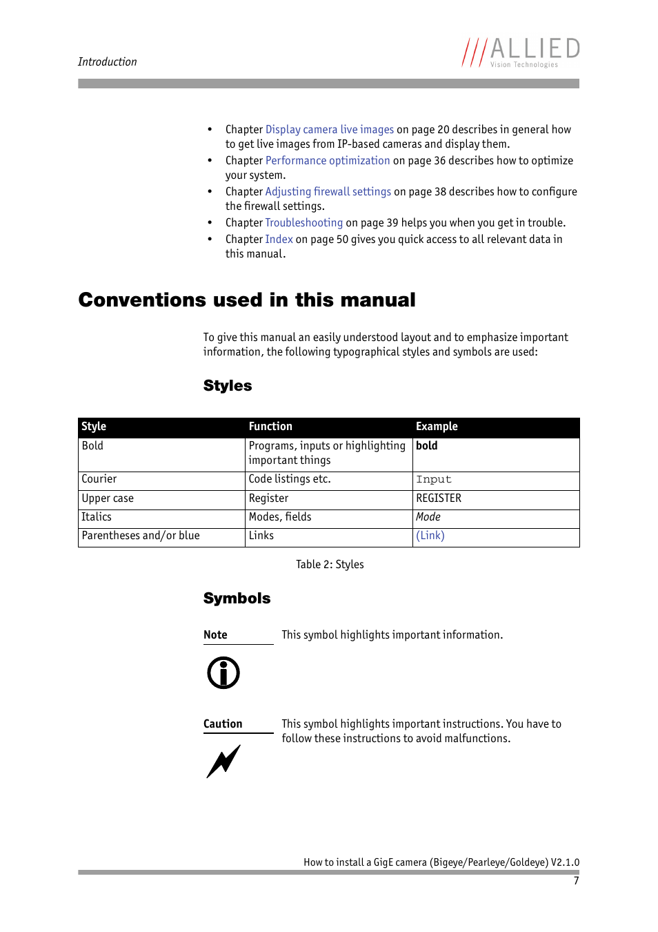 Conventions used in this manual, Styles, Symbols | Styles symbols | ALLIED Vision Technologies Goldeye P-032 SWIR User Manual | Page 7 / 50