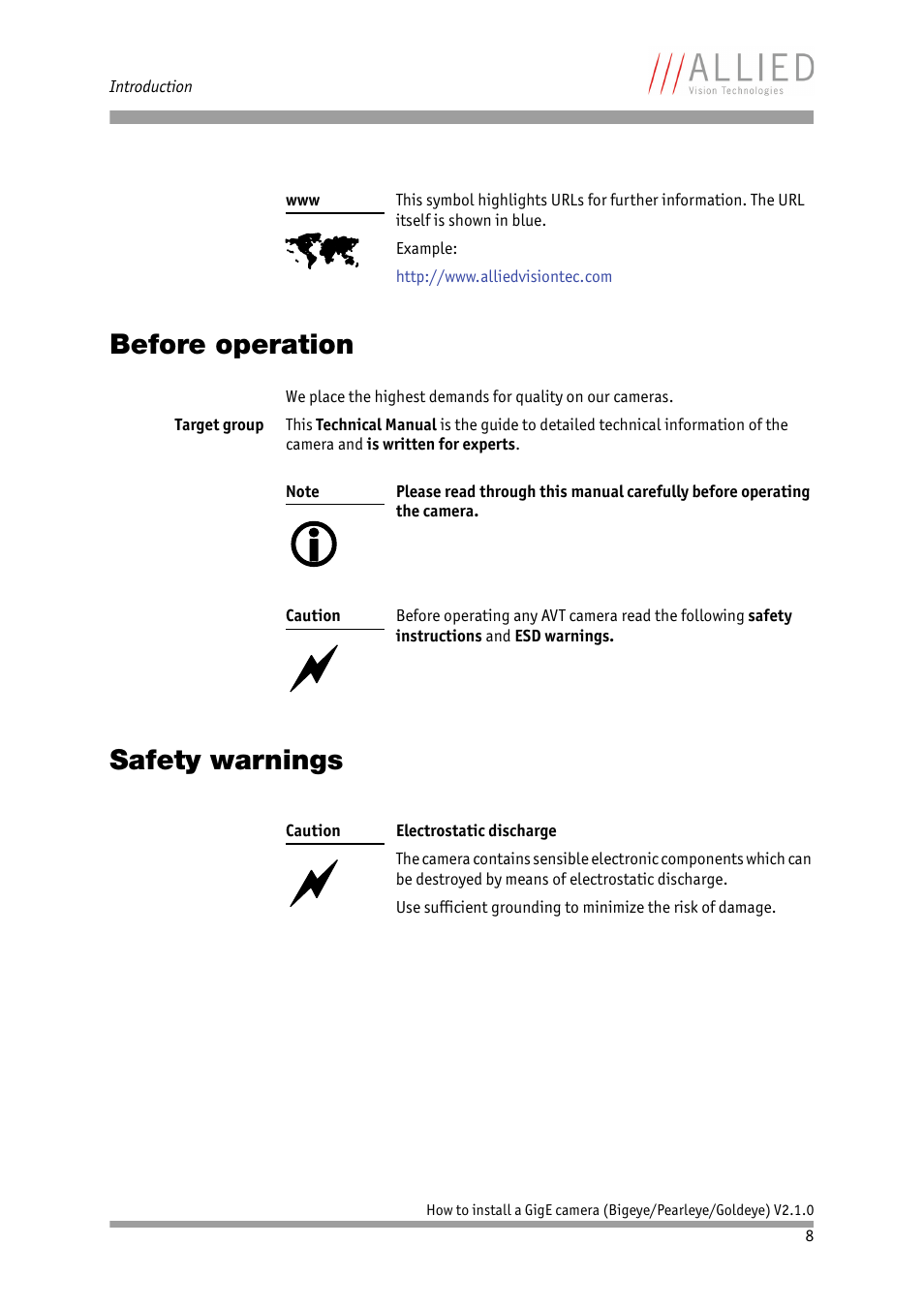 Before operation, Safety warnings, Before operation safety warnings | ALLIED Vision Technologies Goldeye P-032 SWIR User Manual | Page 8 / 50