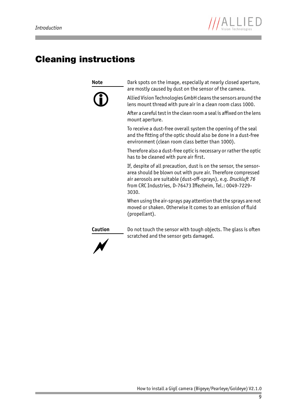 Cleaning instructions | ALLIED Vision Technologies Goldeye P-032 SWIR User Manual | Page 9 / 50