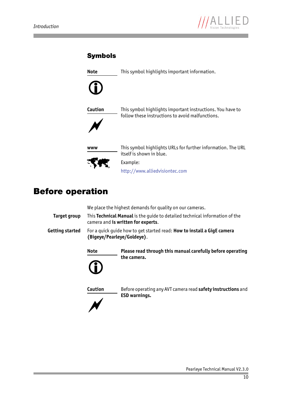 Symbols, Before operation | ALLIED Vision Technologies Pearleye P-030 LWIR User Manual | Page 10 / 84