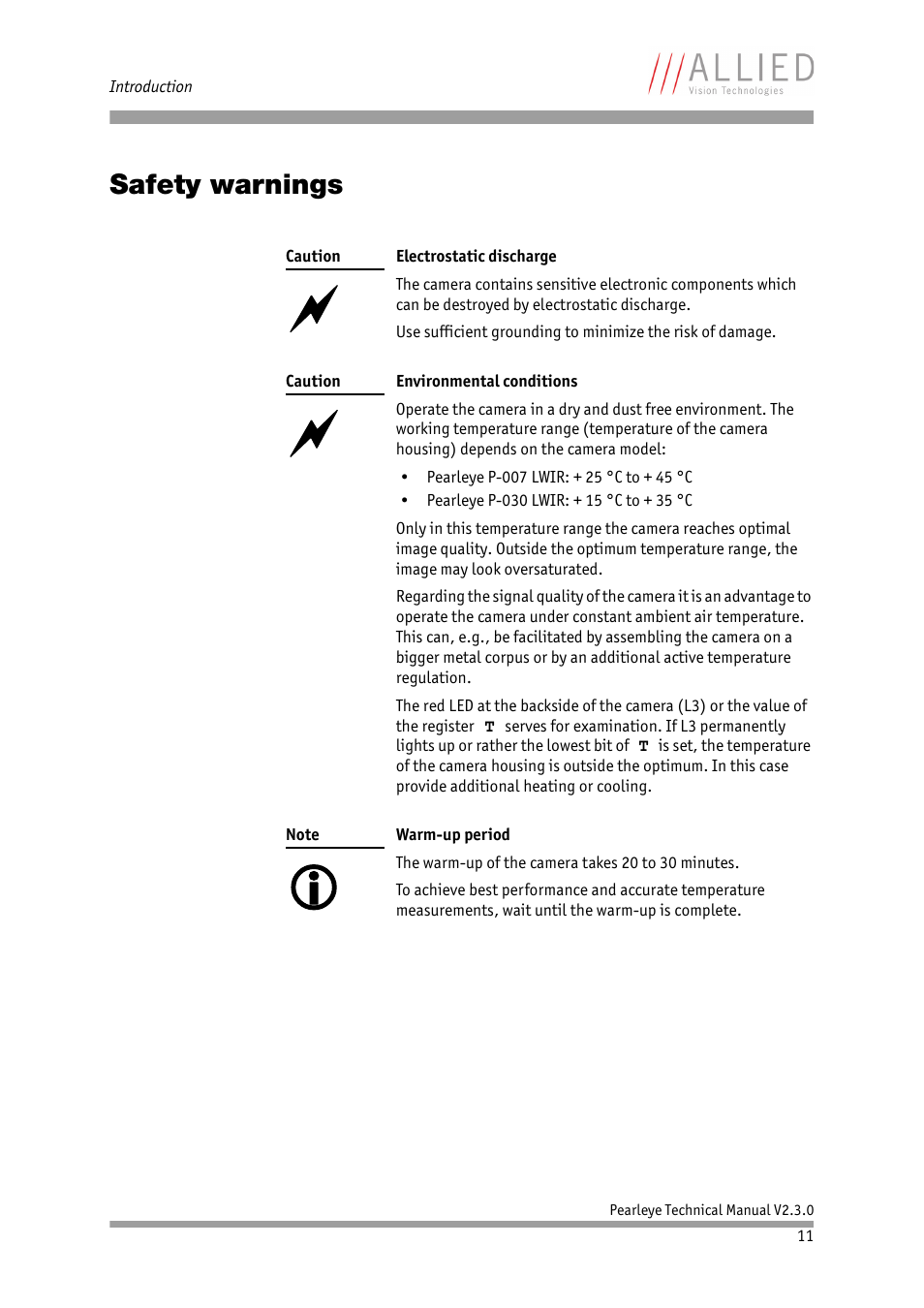 Safety warnings | ALLIED Vision Technologies Pearleye P-030 LWIR User Manual | Page 11 / 84