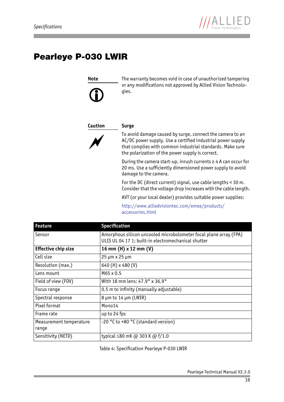 Pearleye p-030 lwir, 1 in chapter, Mono10, mono12 in chapter | Pearleye p, 030 lwir, Chapter, Pearleye p-030, Lwir, In chapter, Table 4: specification pearleye p-030 lwir | ALLIED Vision Technologies Pearleye P-030 LWIR User Manual | Page 16 / 84