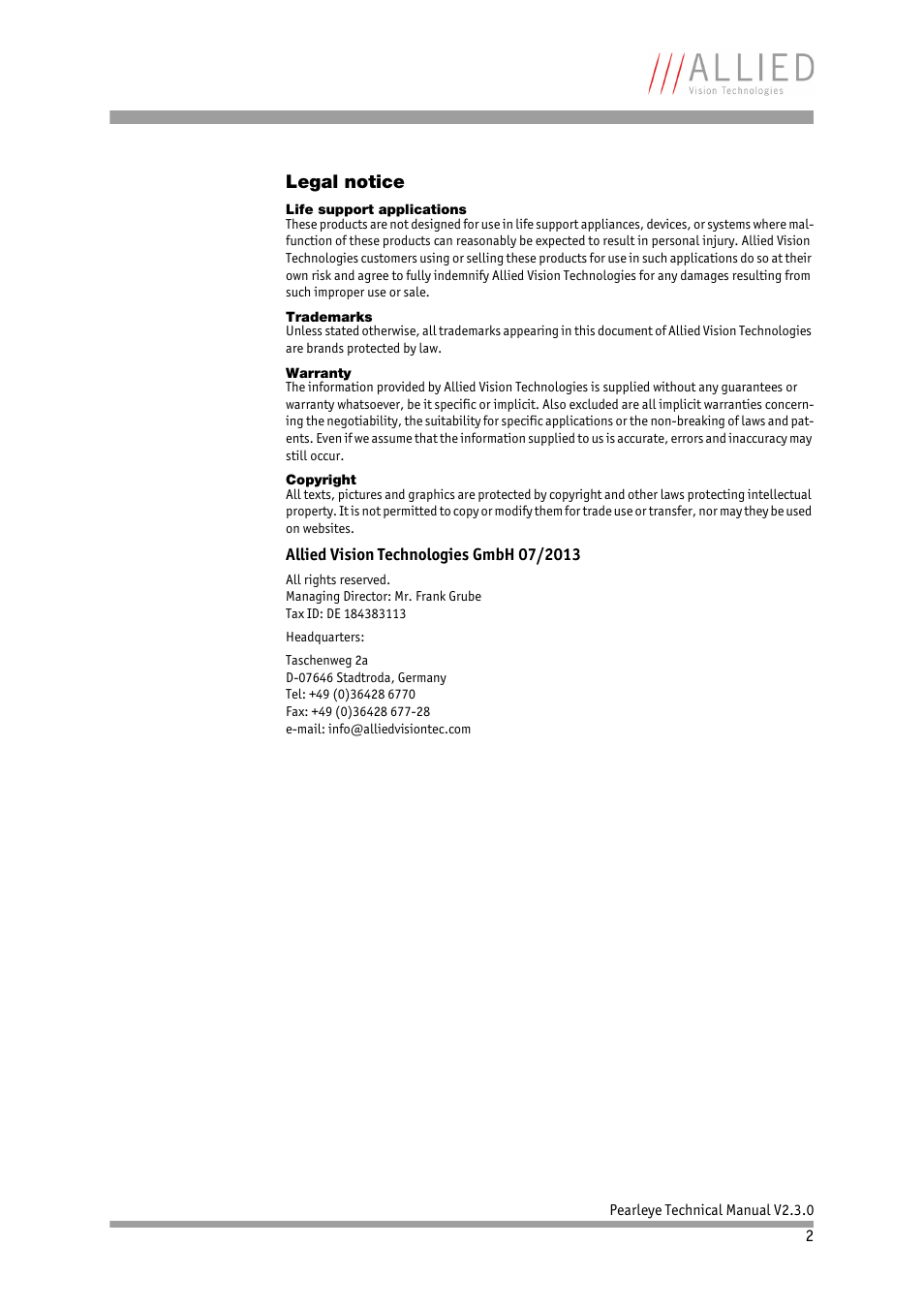 Legal notice | ALLIED Vision Technologies Pearleye P-030 LWIR User Manual | Page 2 / 84