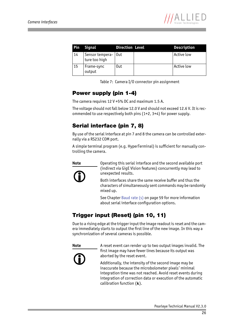Power supply (pin 1-4), Serial interface (pin 7, 8), Trigger input (reset) (pin 10, 11) | ALLIED Vision Technologies Pearleye P-030 LWIR User Manual | Page 26 / 84