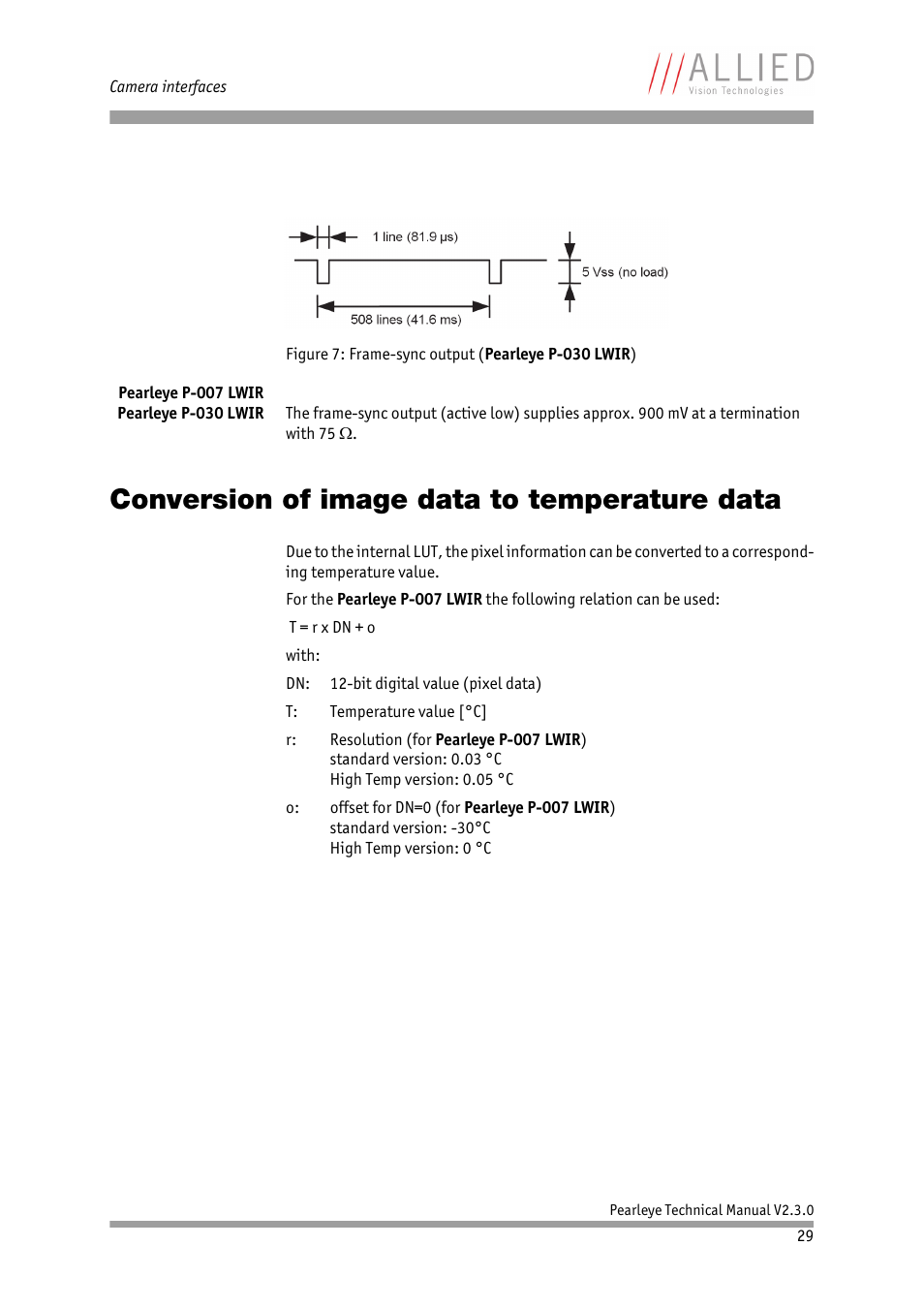 Conversion of image data to temperature data, In chapter, Conver | Sion of image data to temperature data | ALLIED Vision Technologies Pearleye P-030 LWIR User Manual | Page 29 / 84