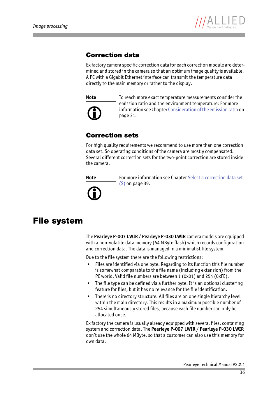Correction data, Correction sets, File system | Correction data correction sets, In chapter, T in chapter, Rection sets | ALLIED Vision Technologies Pearleye P-030 LWIR User Manual | Page 36 / 84