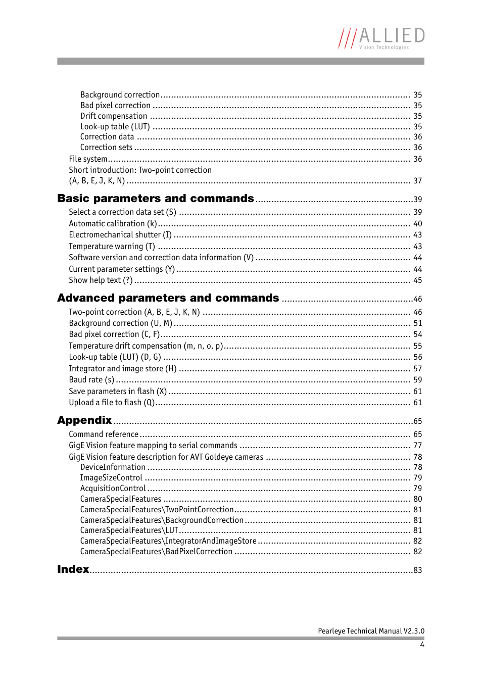 Basic parameters and commands, Advanced parameters and commands, Appendix | Index | ALLIED Vision Technologies Pearleye P-030 LWIR User Manual | Page 4 / 84