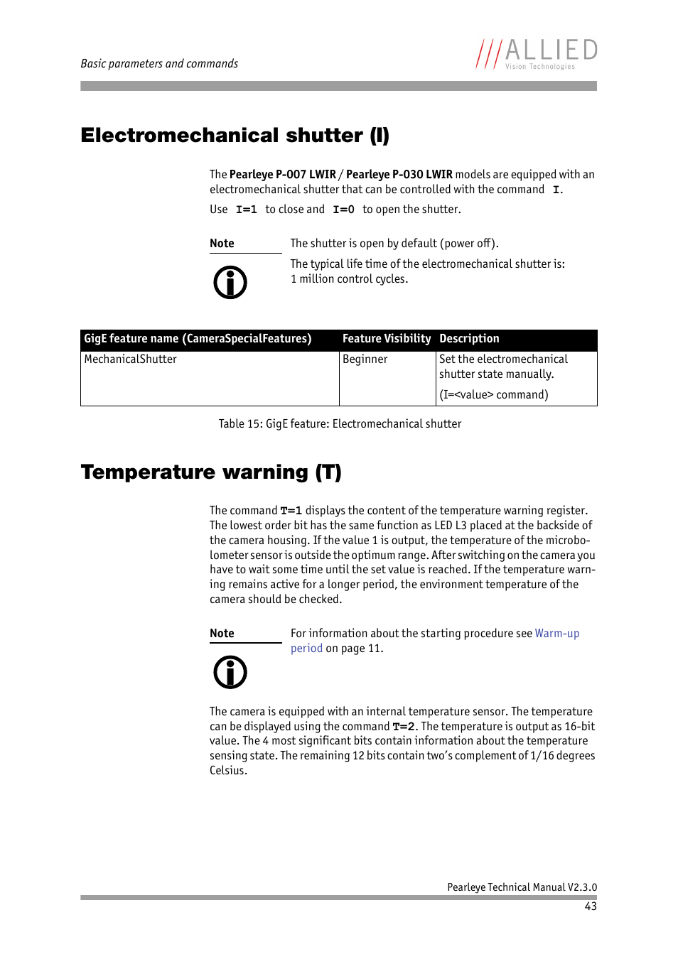Electromechanical shutter (i), Temperature warning (t), See chapter | Electromechanical, Shutter (i), D chapter | ALLIED Vision Technologies Pearleye P-030 LWIR User Manual | Page 43 / 84