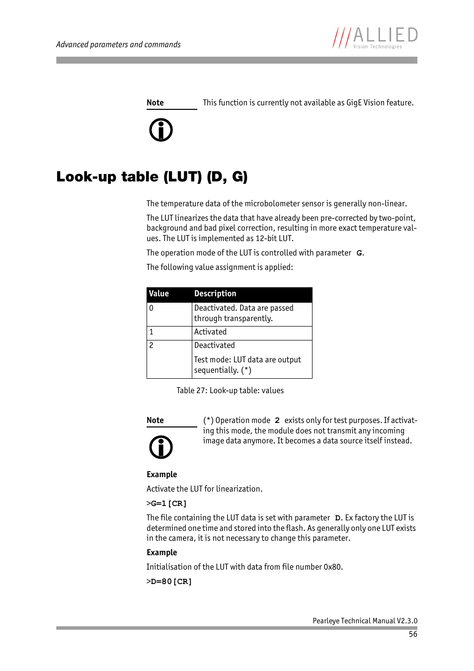 Look-up table (lut) (d, g) | ALLIED Vision Technologies Pearleye P-030 LWIR User Manual | Page 56 / 84