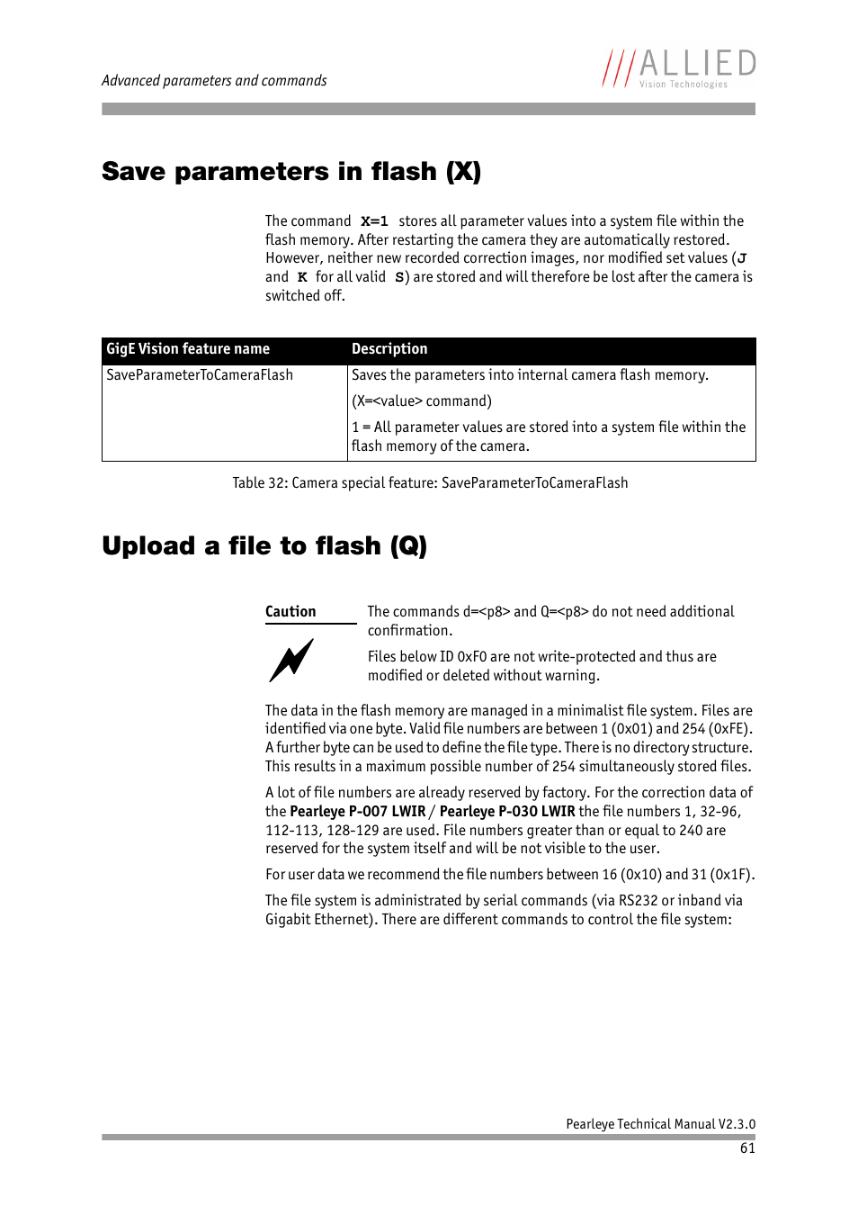 Save parameters in flash (x), Upload a file to flash (q), In chapter | Upload a, File to flash (q), E chapter, Chapter, Save, Parameters in flash (x) | ALLIED Vision Technologies Pearleye P-030 LWIR User Manual | Page 61 / 84