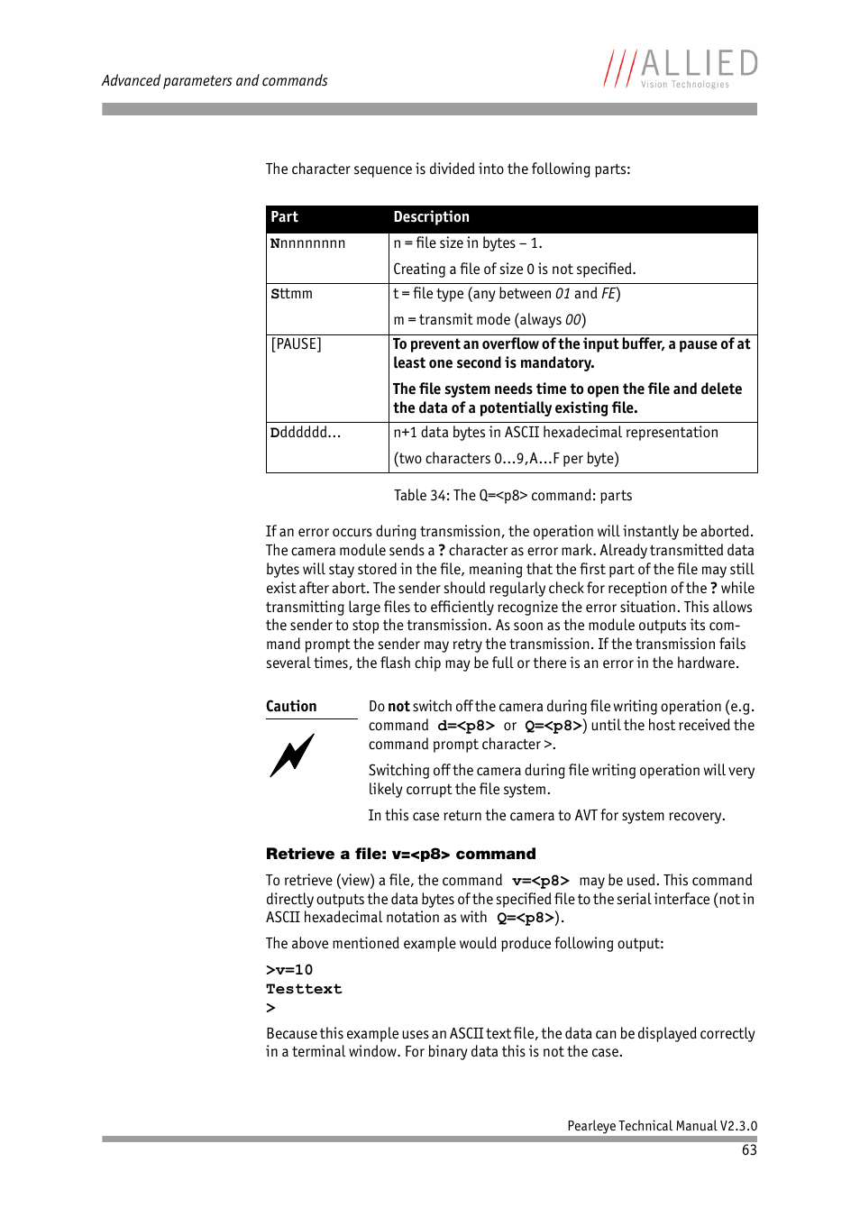 Retrieve a file: v=<p8> command | ALLIED Vision Technologies Pearleye P-030 LWIR User Manual | Page 63 / 84