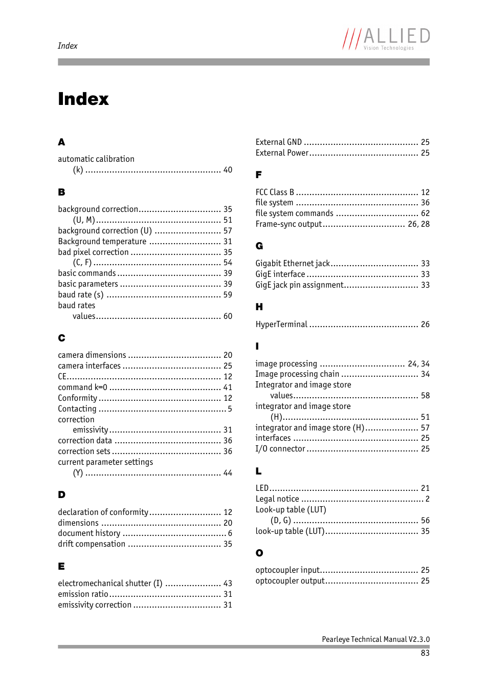 Index, Chapter | ALLIED Vision Technologies Pearleye P-030 LWIR User Manual | Page 83 / 84