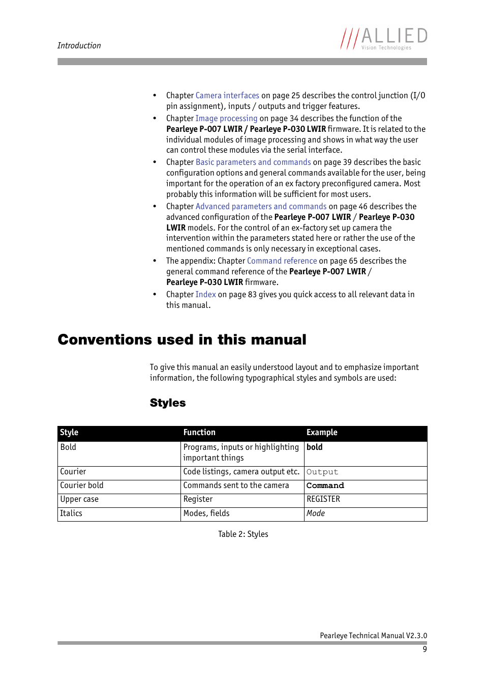 Conventions used in this manual, Styles | ALLIED Vision Technologies Pearleye P-030 LWIR User Manual | Page 9 / 84