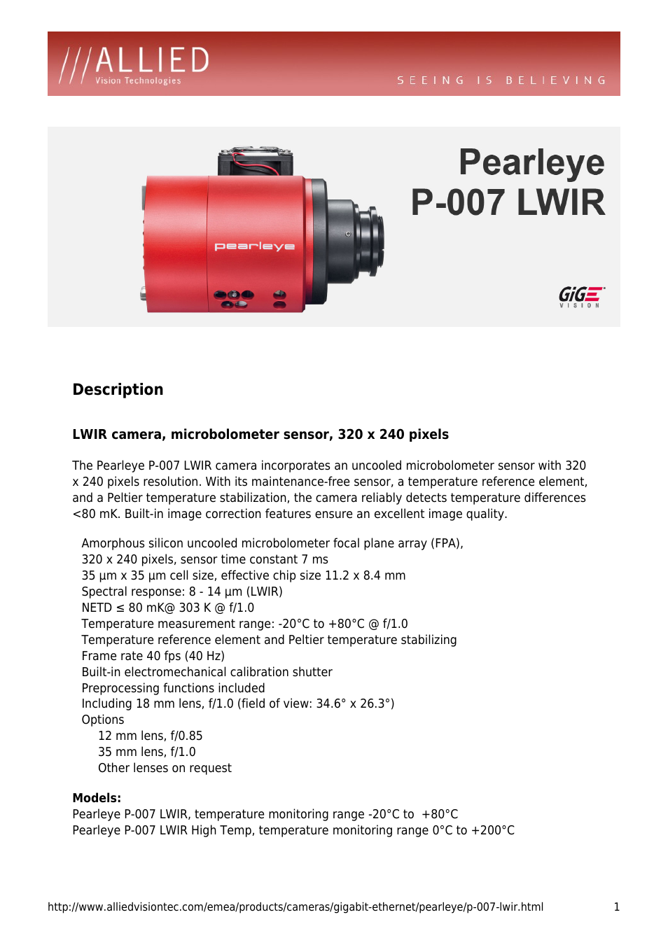 ALLIED Vision Technologies Pearleye P-007 LWIR User Manual | 4 pages