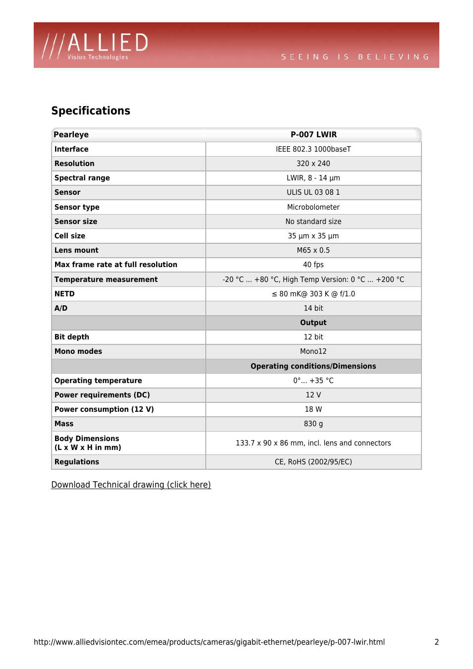 Specifications | ALLIED Vision Technologies Pearleye P-007 LWIR User Manual | Page 2 / 4