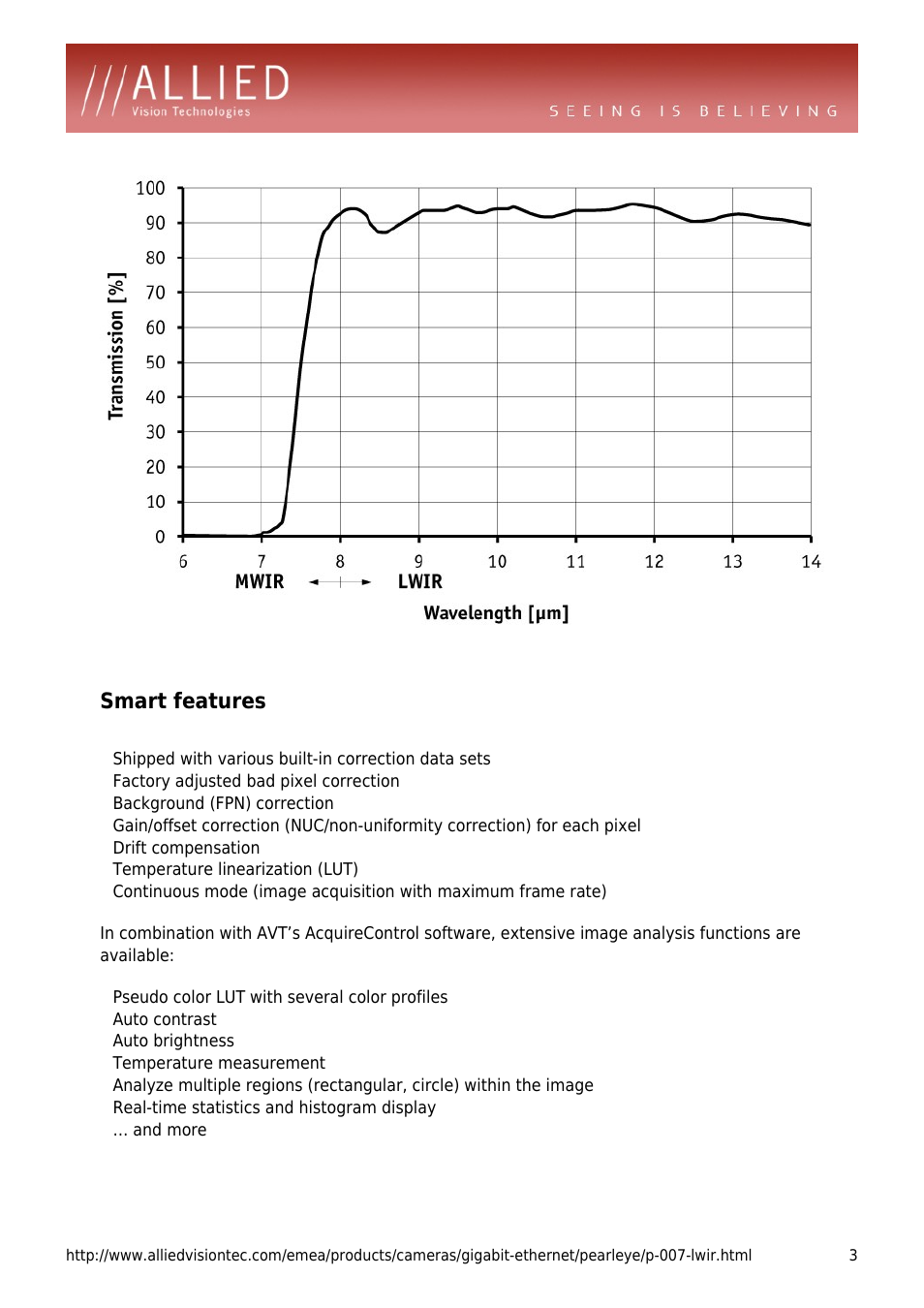 Smart features, Shipped with various built-in correction data sets, Factory adjusted bad pixel correction | Background (fpn) correction, Drift compensation, Temperature linearization (lut), Auto contrast, Auto brightness, Temperature measurement, Real-time statistics and histogram display | ALLIED Vision Technologies Pearleye P-007 LWIR User Manual | Page 3 / 4