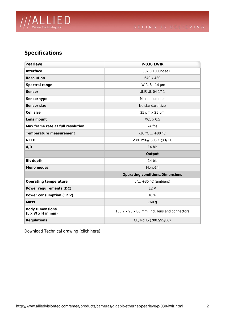 Specifications | ALLIED Vision Technologies Pearleye P-030 LWIR User Manual | Page 2 / 4