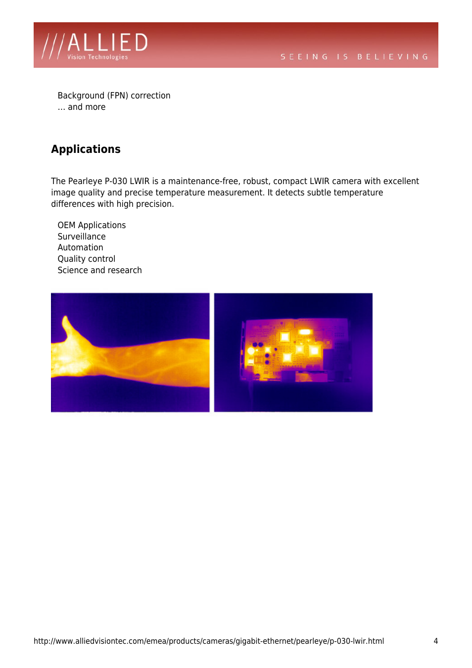 Applications, Background (fpn) correction, And more | Surveillance, Automation, Quality control, Science and research | ALLIED Vision Technologies Pearleye P-030 LWIR User Manual | Page 4 / 4