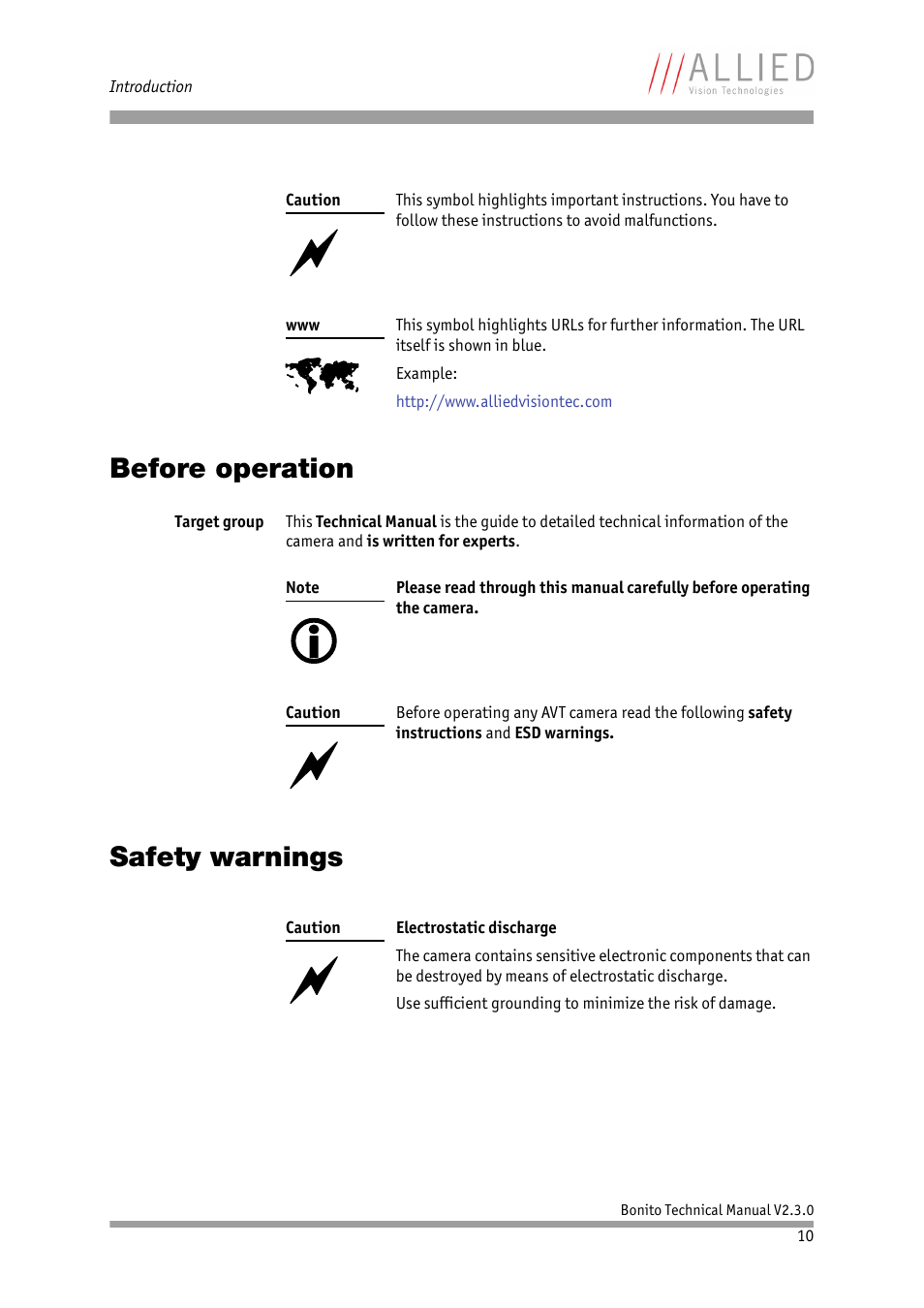 Before operation, Safety warnings, Before operation safety warnings | ALLIED Vision Technologies Bonito CL-400 200 fps User Manual | Page 10 / 80