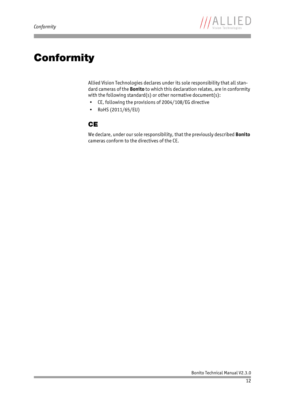 Conformity, Chapter | ALLIED Vision Technologies Bonito CL-400 200 fps User Manual | Page 12 / 80