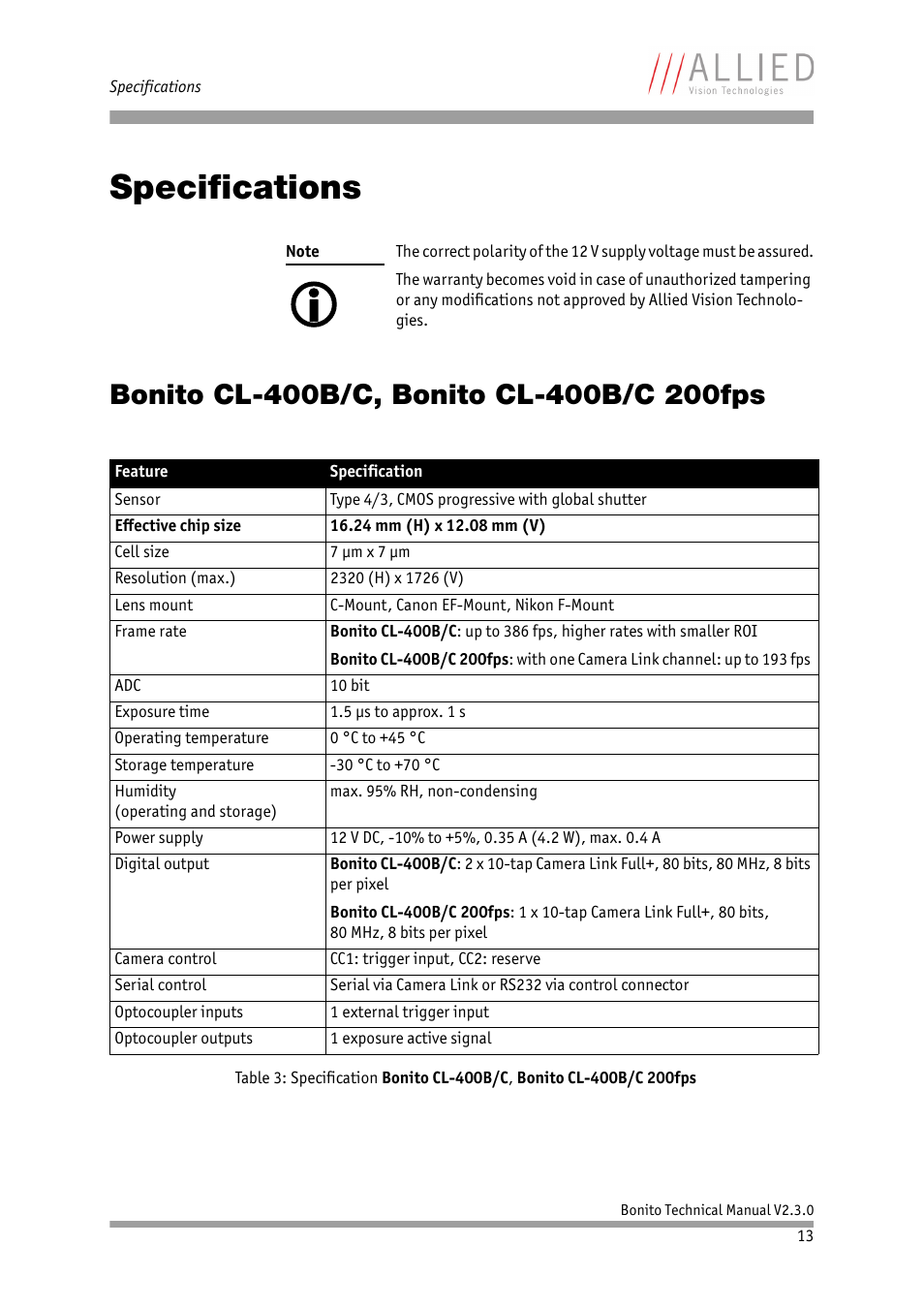 Specifications, Bonito cl-400b/c, bonito cl-400b/c 200fps, Bonito cl-400b/c | Chapter, To power supply: see chapter, Bonito cl, 400b/c, bonito cl-400b/c 200fps | ALLIED Vision Technologies Bonito CL-400 200 fps User Manual | Page 13 / 80